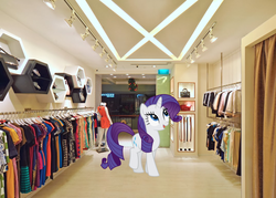 Size: 1024x732 | Tagged: safe, artist:somerandomunicorn, rarity, g4, belts, clothes, curtains, dressing room, exit, irl, light, photo, ponies in real life, purse, shoes, solo, vector