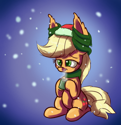 Size: 800x825 | Tagged: safe, artist:heir-of-rick, applejack, daily apple pony, g4, clothes, female, hat, impossibly large ears, mug, santa hat, scarf, snow, snowfall, solo