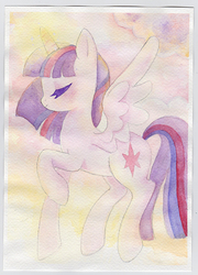 Size: 500x696 | Tagged: safe, artist:trefleix, twilight sparkle, alicorn, pony, g4, eyes closed, female, mare, raised hoof, solo, traditional art, twilight sparkle (alicorn), watercolor painting