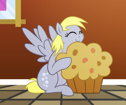 Size: 1280x1067 | Tagged: safe, artist:bigponiesinc, derpy hooves, pegasus, pony, g4, cargo ship, chubby, cute, derpabetes, eyes closed, female, giant muffin, hug, mare, muffin, shipping, simple background, sitting, smiling, solo, spread wings, that pony sure does love muffins
