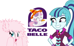 Size: 1280x800 | Tagged: safe, sonata dusk, sweetie belle, oc, oc:fluffle puff, equestria girls, g4, cute, diasweetes, pun, sombrero, sonataco, taco, taco bell, taco belle, taco sistas, taco trifecta, taco tuesday, that girl sure loves tacos, that siren sure does love tacos