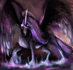 Size: 4200x3982 | Tagged: safe, artist:carl-mcintyre, twilight sparkle, alicorn, pony, g4, absurd resolution, female, glowing eyes, looking at you, magic, mare, realistic, solo, spread wings, twilight sparkle (alicorn)
