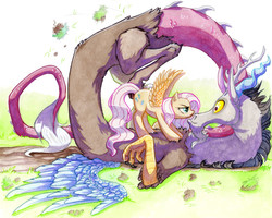 Size: 1000x798 | Tagged: safe, artist:mommashy, discord, fluttershy, g4, colored pencil drawing, disapproval, female, male, mixed media, on back, ship:discoshy, shipping, straight, traditional art, watercolor painting