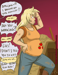 Size: 617x800 | Tagged: safe, artist:hazurasinner, applejack, rarity, human, g4, belly, caught, dirty, female, frown, heart, humanized, lesbian, magical lesbian spawn, offspring, preggo jack, pregnant, ship:rarijack, shipping, solo, thought bubble, wide eyes
