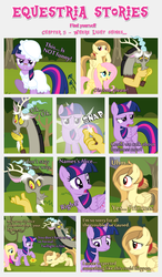 Size: 1800x3090 | Tagged: safe, artist:estories, discord, fluttershy, twilight sparkle, oc, oc:alice goldenfeather, alicorn, draconequus, pegasus, pony, comic:find yourself, g4, blushing, bowing, comic, female, mare, scrunchy face, snap, twilight sparkle (alicorn)