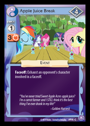 Size: 349x487 | Tagged: safe, carrot top, fluttershy, golden harvest, pinkie pie, rainbow dash, rarity, spike, twilight sparkle, g4, apple juice, card, ccg, crystal games, enterplay, mlp trading card game, sweet apple acres