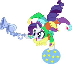 Size: 1599x1434 | Tagged: safe, artist:punzil504, rarity, pony, unicorn, g4, balancing, ball, clothes, clownity, costume, face paint, female, flugelhorn, hoof hold, jester, mare, open mouth, rarijester, simple background, smiling, solo, transparent background, vector