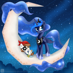 Size: 800x800 | Tagged: safe, artist:swanlullaby, pipsqueak, princess luna, g4, clothes, costume, female, male, moon, nightmare night costume, pirate, ship:lunapip, shipping, straight, tangible heavenly object