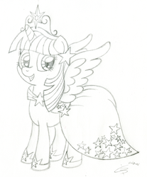 Size: 2552x3089 | Tagged: safe, artist:wildtiel, twilight sparkle, alicorn, pony, g4, big crown thingy, clothes, dress, female, gala dress, high res, mare, monochrome, pencil drawing, sketch, solo, traditional art, twilight sparkle (alicorn)