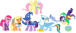 Size: 4564x2016 | Tagged: safe, artist:punzil504, applejack, diamond tiara, flam, flim, fluttershy, gilda, ms. harshwhinny, pinkie pie, rainbow dash, rarity, silver spoon, trixie, twilight sparkle, earth pony, griffon, pegasus, pony, unicorn, g4, antagonist, ball, cape, clothes, costume, female, flim flam brothers, flugelhorn, glasses, griffonized, hat, looking at you, mare, necklace, open mouth, rainbow griffon, role reversal, simple background, species swap, tiara, transparent background, trixie's cape, trixie's hat, unicorn twilight, vector