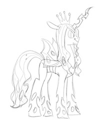 Size: 768x880 | Tagged: safe, artist:carnifex, queen chrysalis, changeling, changeling queen, g4, changeling king, crown, female, grayscale, jewelry, king metamorphosis, male, monochrome, regalia, rule 63, simple background, solo, white background