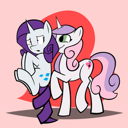 Size: 2720x2720 | Tagged: safe, artist:rubbermage, rarity, sweetie belle, g4, age progression, carrying, high res, older, scruff, sisters