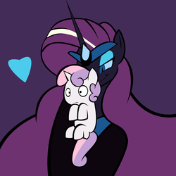 Size: 2248x2248 | Tagged: safe, artist:rubbermage, nightmare rarity, sweetie belle, pony, unicorn, g4, carrying, female, heart, high res, nicemare rarity, scruff, sibling love, siblings, sisterly love, sisters