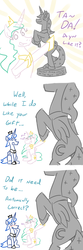Size: 800x2400 | Tagged: safe, artist:jargon scott, princess celestia, princess luna, alicorn, pony, g4, all the mares tease artemis, blushing, comic, female, half r63 shipping, implied penis, incest, male, misspelling, prince artemis, reacting to nudity, rule 63, ship:artelestia, ship:princest, shipping, sitting, stallion, statue, straight
