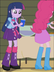 Size: 315x417 | Tagged: safe, screencap, pinkie pie, sunset shimmer, twilight sparkle, equestria girls, g4, my little pony equestria girls: rainbow rocks, animated, backpack, boots, bowtie, bracelet, clothes, confused, cookie, cup, female, food, hand on hip, high heel boots, humans doing horse things, jacket, leather jacket, plate, punch (drink), punch bowl, rear view, skirt, table, twilight sparkle (alicorn)