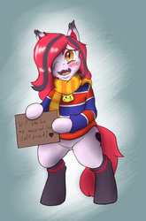 Size: 1061x1605 | Tagged: safe, artist:i am nude, oc, oc only, oc:arrhythmia, pony, bipedal, blushing, chris chan, clothes, cosplay, cute, fangs, hair over one eye, heart, hoof hold, scarf, smiling, socks, solo, sweatdrop, sweater, wavy mouth