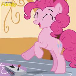 Size: 550x550 | Tagged: safe, edit, edited screencap, screencap, pinkie pie, g4, official, controller, discovery family, discovery family logo, rearing