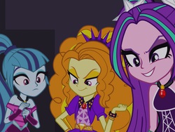 Size: 2048x1536 | Tagged: safe, screencap, adagio dazzle, aria blaze, sonata dusk, equestria girls, g4, my little pony equestria girls: rainbow rocks, bare shoulders, looking down, sleeveless, smiling, smirk, the dazzlings