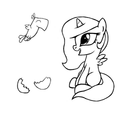 Size: 649x586 | Tagged: safe, artist:zoarvek, philomena, princess celestia, phoenix, g4, blank flank, cewestia, egg, filly, monochrome, younger