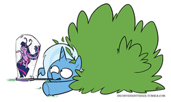 Size: 900x539 | Tagged: safe, artist:egophiliac, trixie, twilight sparkle, alicorn, breezie, pony, unicorn, tumblr:inconvenient trixie, g4, annoyed, breeziefied, bush, bushicorn, butterfly net, duo, female, frown, glare, inconvenient trixie, mare, mouth hold, net, simple background, species swap, trapped, tumblr, twilight breezie, twilight sparkle (alicorn), white background, wide eyes