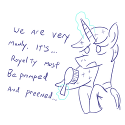 Size: 800x800 | Tagged: safe, artist:jargon scott, princess luna, alicorn, pony, g4, brush, dialogue, femboy, glowing horn, horn, male, metrosexual, prince artemis, rule 63, solo