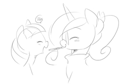 Size: 850x567 | Tagged: safe, artist:ende26, princess cadance, twilight sparkle, g4, cute, cutedance, filly, glasses, monochrome, pocky, pocky game, pocky kiss, sketch, twiabetes, younger