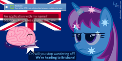 Size: 1280x640 | Tagged: safe, artist:parclytaxel, oc, oc only, oc:parcly taxel, alicorn, pony, albumin flask, alicorn oc, australia, brain, brisbane, flag, happy, holiday, horn, horn ring, invisible, key sync, levitation, linux, magic, silly, silly pony, solo, squee, telekinesis, third eye, tumblr, unamused