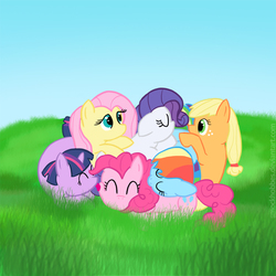 Size: 750x750 | Tagged: safe, artist:smockhobbes, applejack, fluttershy, pinkie pie, rainbow dash, rarity, twilight sparkle, g4, cuddle puddle, cuddling, face licking, licking, mane six, pony pile, snuggling