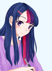 Size: 733x1000 | Tagged: safe, artist:d-tomoyo, twilight sparkle, human, g4, female, humanized, pen, solo