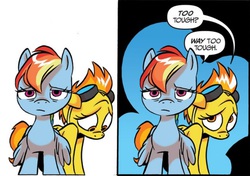 Size: 1238x872 | Tagged: safe, artist:jay fosgitt, idw, rainbow dash, spitfire, pegasus, pony, friends forever #11, g4, my little pony: friends forever, spoiler:comic, ashamed, duo, goggles, shame, tired