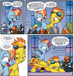 Size: 559x569 | Tagged: safe, artist:jay fosgitt, idw, rainbow dash, spitfire, pegasus, pony, friends forever, g4, spoiler:comic, spoiler:comicff11, crouching, foal, goggles, spread wings, teaching, wings