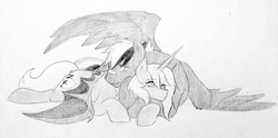 Size: 2048x1014 | Tagged: safe, artist:kianamai, oc, oc only, oc:princess nidra, oc:prism bolt, alicorn, bat pony, bat pony alicorn, pegasus, pony, kilalaverse, alicorn oc, cuddling, female, grayscale, hug, male, mare, monochrome, next generation, offspring, parent:oc:supernova, parent:princess luna, parent:rainbow dash, parent:soarin', parents:canon x oc, parents:soarindash, pencil drawing, simple background, snuggling, stallion, traditional art, white background