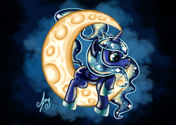 Size: 4961x3508 | Tagged: safe, artist:azuh, princess luna, g4, absurd resolution, female, moon, prone, solo, tangible heavenly object