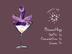Size: 1000x750 | Tagged: safe, artist:wan, twilight sparkle, alicorn, pony, g4, alcohol, cocktail, cup of pony, female, looking at you, looking back, looking back at you, mare, micro, recipe, solo, spread wings, twilight sparkle (alicorn), wings