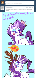 Size: 497x1066 | Tagged: safe, artist:clockworkquartet, rarity, g4, ask, brushie, comic, dirt, female, hairbrush, solo, this will end in death, this will end in tears, this will end in tears and/or death, tumblr