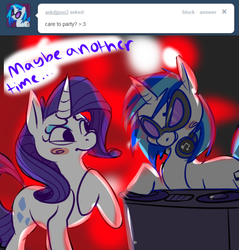 Size: 500x523 | Tagged: safe, artist:clockworkquartet, dj pon-3, rarity, vinyl scratch, g4, ask, tumblr, turntable