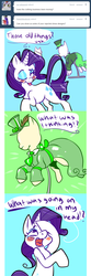 Size: 500x1504 | Tagged: safe, artist:clockworkquartet, rarity, g4, ask, clothes, comic, dress, female, hat, solo, tumblr