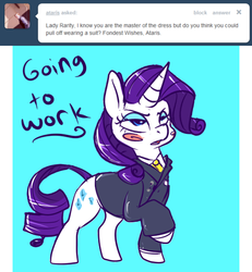 Size: 500x541 | Tagged: safe, artist:clockworkquartet, rarity, g4, ask, clothes, female, solo, suit, tumblr