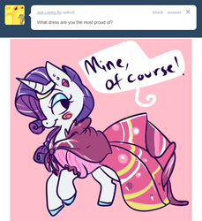 Size: 500x546 | Tagged: safe, artist:clockworkquartet, rarity, g4, ask, clothes, dress, female, gala dress, solo, tumblr