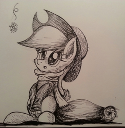 Size: 2210x2262 | Tagged: safe, artist:mindofnoodles, applejack, g4, clothes, female, grayscale, high res, monochrome, scarf, sitting, snowflake, solo, sweater, traditional art