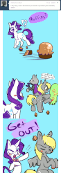 Size: 501x1431 | Tagged: safe, artist:clockworkquartet, derpy hooves, rarity, pegasus, pony, g4, animated, ask, comic, female, food, mare, muffin, tumblr
