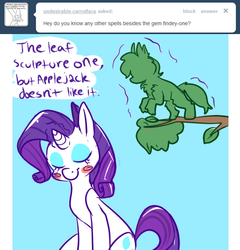 Size: 500x521 | Tagged: safe, artist:clockworkquartet, rarity, g4, ask, eyes closed, female, leaf, sculpture, solo, tree, tumblr