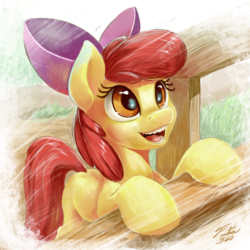 Size: 900x900 | Tagged: safe, artist:tsitra360, apple bloom, earth pony, pony, g4, adorabloom, bow, cute, female, filly, hair bow, open mouth, smiling, solo