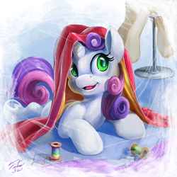 Size: 900x900 | Tagged: safe, artist:tsitra360, sweetie belle, pony, unicorn, g4, cute, diasweetes, fabric, female, filly, foal, mannequin, needle, rainbow thread, solo, thread