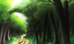 Size: 2000x1200 | Tagged: safe, artist:narbarnar, fluttershy, g4, female, folded wings, forest, path, rear view, scenery, solo, walking