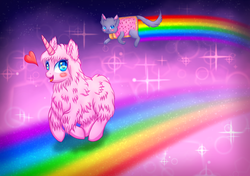 Size: 1700x1197 | Tagged: source needed, useless source url, safe, artist:9de-light6, oc, oc only, oc:fluffle puff, pink fluffy unicorns dancing on rainbows, nyan cat, rainbow