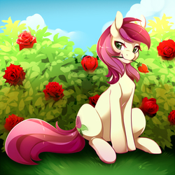 Size: 960x960 | Tagged: safe, artist:duskyamore, roseluck, earth pony, pony, g4, bedroom eyes, bush, cloud, female, flower, grass, mare, rose, sky, smiling, solo