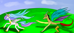 Size: 4400x2000 | Tagged: safe, artist:siranarchy95, discord, princess celestia, g4, chase, duo