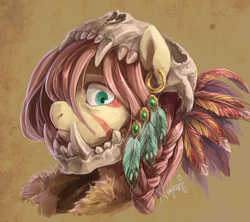Size: 1600x1421 | Tagged: safe, artist:audrarius, part of a set, fluttershy, pegasus, pony, g4, badass, brown background, bust, chiefyshy, ear piercing, earring, face paint, fangs, feather, female, flutterbadass, headdress, helmet, jewelry, looking at you, piercing, portrait, simple background, skull, skull helmet, solo, tribal