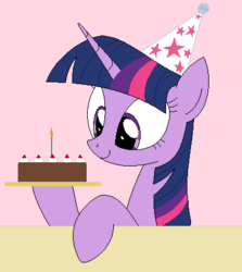 Size: 389x437 | Tagged: safe, artist:hyolark, twilight sparkle, ambiguous race, pony, g4, cake, female, hat, party hat, solo